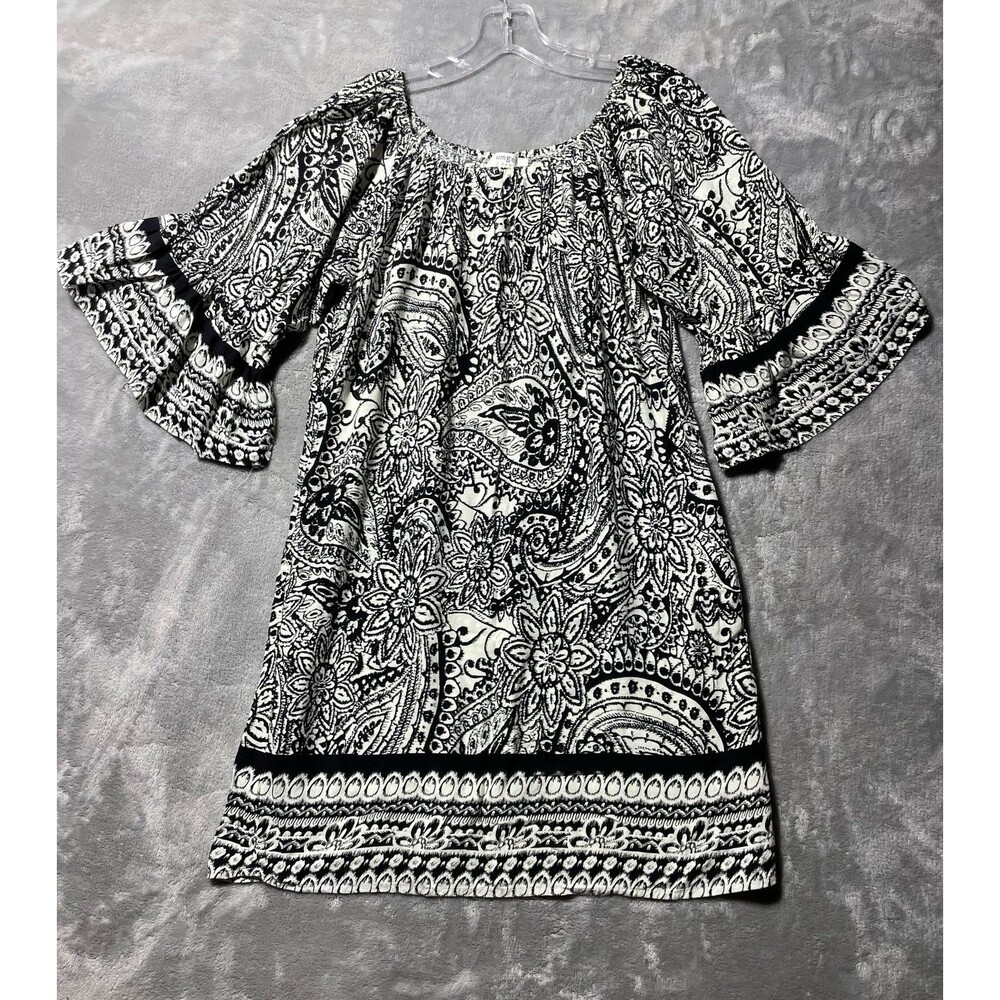 Umgee Dress Womens Size Small Black & Ivory Floral Sheath Pockets Bell Sleeve